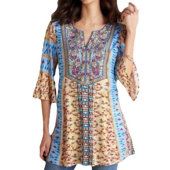 SOFT SURROUNDINGS Fifi Fit & Flare Embroidered Tunic Blouse 3/4 Bell Sleeves L - Picture 1 of 7